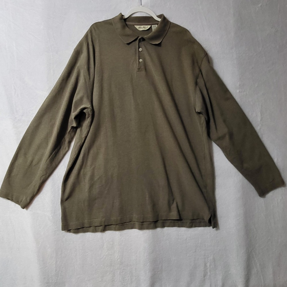Eddie Bauer Polo Shirt Mens 2XL Tall Brown Long Sleeve Cotton Pullover‎ Casual
